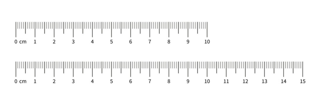 Set of measuring chart with 10cm and 15 centimeters. Collection of ruler scale 100mm, 150 mm with numbers. Templates of ruler scale. Length measurement height, math, distance, Sewing tool