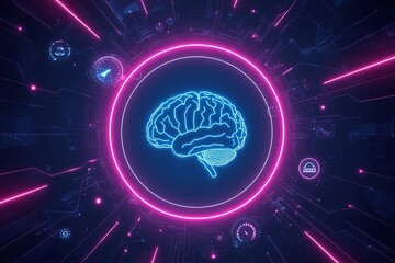 A futuristic digital illustration of a brain surrounded by neon lights and technology