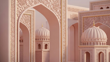 Pastel-toned Islamic architectural background, featuring realistic arches and domes with intricate ornament carvings