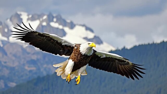 Majestic bald eagle soaring through sky with snow-capped mountains