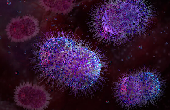 Pathogen morphology: ciliated bacteria (diplococcus) and extracellular particles in organic environment. Microorganism with pili, infection biology, medical microbiology, infectious disease research