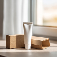 Minimalist Skincare Product Presentation with Natural Light and Packaging.