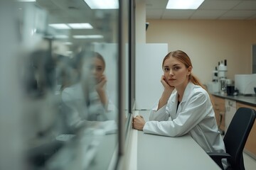 A young scientist sitting at a laboratory table looking thoughtful and focused on her work