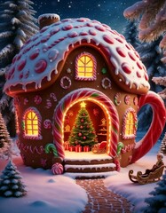 A gingerbread house in the shape of a mug, decorated with a winter landscape for Christmas