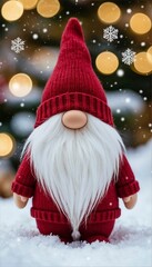 Cute gnome figurine in red hat and sweater on snowy background  