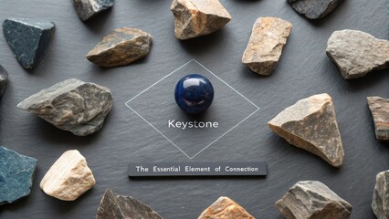 A collection of rough, unpolished granite fragments surrounds a central blue lapis lazuli stone, symbolizing connection.