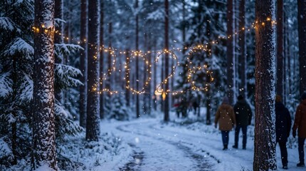 Snowy winter forest path with magical fairy lights forming 2024 and people walking