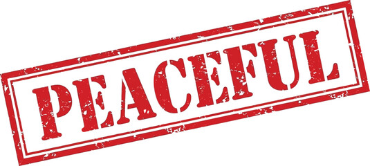 A rectangular red stamp displaying the word peaceful in large bold white lettering is prominently featured against a white background
