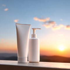 Sunscreen and lotion bottles against a vibrant sunset backdrop.