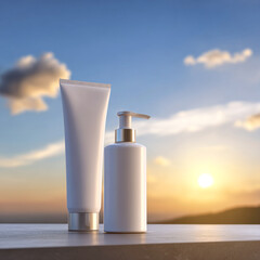 Cosmetic Products on a Table with a Sunset Background.