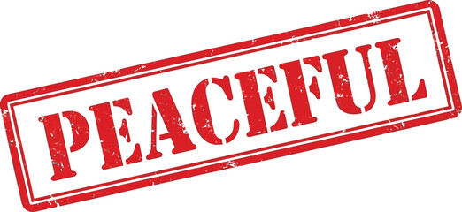 A rectangular red stamp with the word peaceful boldly printed in large white capital letters is prominently displayed