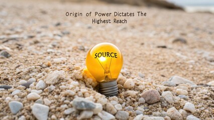 A Glowing Golden Lightbulb Labeled Source Rests Among Pebbles on a Sandy Ground, Symbolizing Innovation and the Origin of Ideas