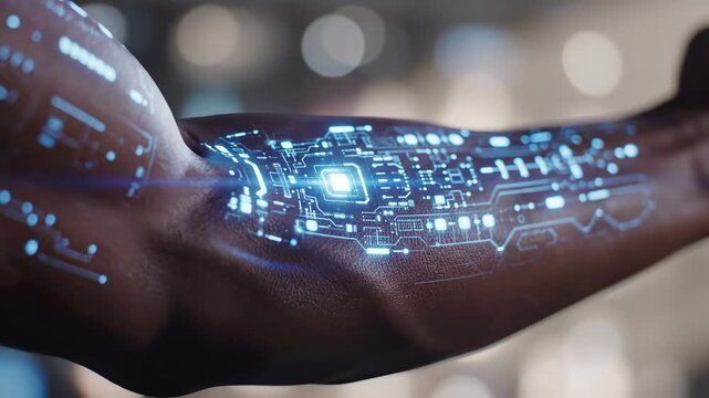Close Up of Cybernetic Implant Glowing with Blue Light Under Skin on Forearm