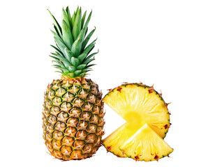 A vibrant and juicy pineapple alongside a sliced wedge showcasing its texture on transparent background