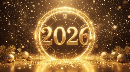 Golden 2026 New Year Celebration with Glowing Clock and Sparkling Glitter Background