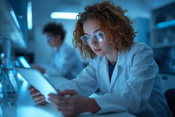 A young scientist in a lab coat and safety goggles works intently on a tablet in a modern laboratory setting.