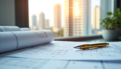 Close-up of architectural blueprints on a table with a pen, against modern skyscrapers background