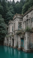 A vintage concrete building that sits still on the edge of a lake, with lush trees in the background, evokes a sense of abandoned stillness.