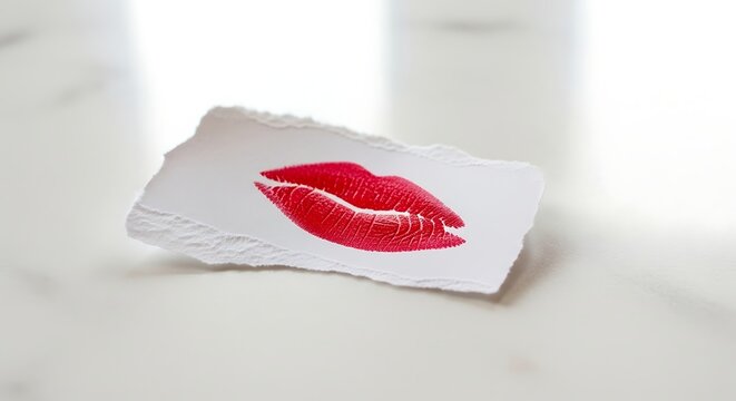 Red lipstick kiss mark on a small torn piece of white paper