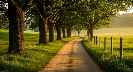 Fototapeta premium Sunlit Dirt Path Lined with Trees and Fence in a Grassy Field dirt road country road