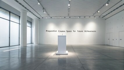 A stark white lectern stands alone in an illuminated exhibition space with motivational text on the wall.