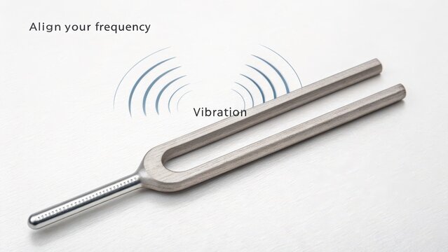 A precisely tuned metal tuning fork is shown vibrating and producing sound waves on a clean surface