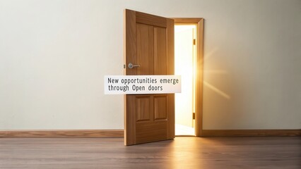 A simple unadorned wooden door slightly ajar revealing bright inviting light and new opportunities.