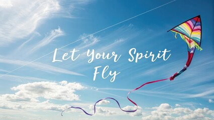 A vibrant kite string and ribbon flying high in a clear blue sky with scattered white clouds, conveying a message of freedom and aspiration.