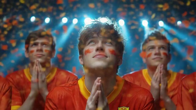 Young men in orange jerseys praying together in stadium