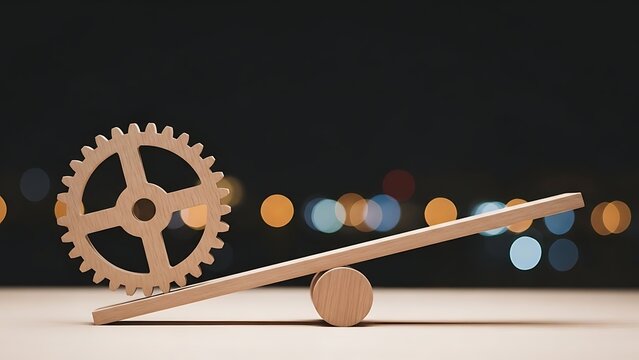 Wooden gear on seesaw with city lights background balance