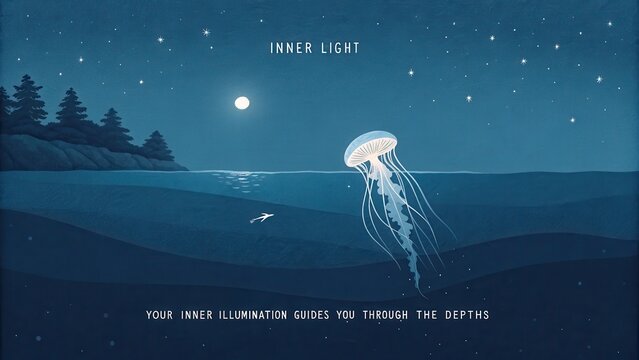 A solitary diver encounters a glowing jellyfish under a moonlit night sky in the deep blue ocean