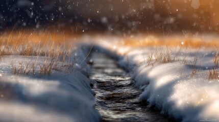 Snowy stream winter landscape