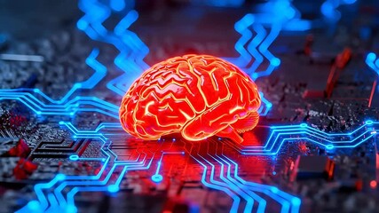 Red brain on glowing circuit board - Powered by Adobe