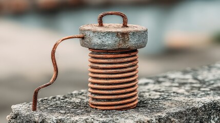 Close-up of a weathered metal spring with a rusty top and handle, standing on a textured stone surface, showcasing the effects of time and weather.