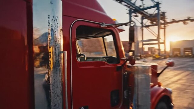 A truck driver navigates a cargo port, framed from the cab with harbor cranes and containers in view