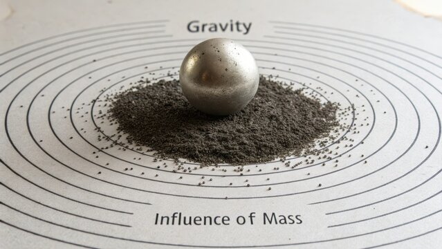 A single metallic sphere representing gravity's influence of mass resting on a circular patterned surface with text.
