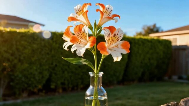 Single Perfect Orange White Bi-Color Alstroemeria Peruvian Lily in Narrow Glass Bud Vase: Weathered Wooden Fence Post in Suburban Backyard, Golden Hour Light
