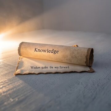 An ancient rolled scroll with the word Knowledge and the phrase Wisdom guides the way forward in soft ambient light