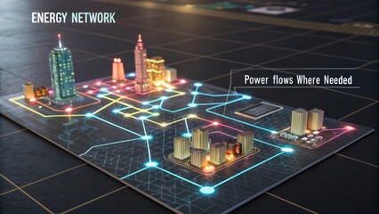 Abstract futuristic city network with glowing power flows connecting illuminated buildings