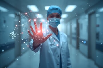 A medical professional in a lab coat and mask interacts with futuristic digital technology in a hospital corridor.