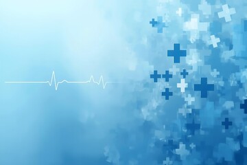 A medical background with a heartbeat line and blue crosses on a gradient blue background