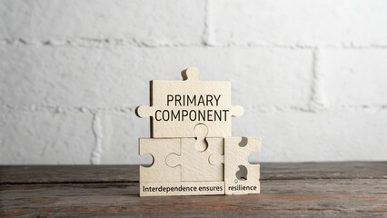 A wooden puzzle with the words PRIMARY COMPONENT, Interdependence ensures resilience, assembled on a rustic table against a white brick wall