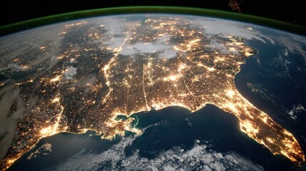 A captivating view of the continental United States at night, captured from space, showcases the illuminated cities and sprawling infrastructure.