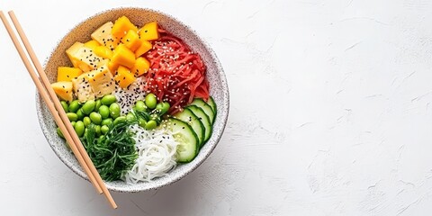 Colorful vegan bowl with tofu, mango, edamame, cucumber, and noodles, sprinkled with sesame seeds. Healthy plant based meal served with chopsticks.
