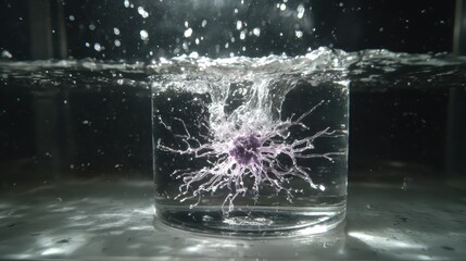 Captivating splash art with purple sphere in glass, creating dynamic water ripples, drops in air, and light effects in a black studio setting.