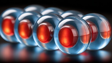 A macro shot showcases rows of translucent blue orbs, each encapsulating a vibrant red sphere, all set against a sleek black background.