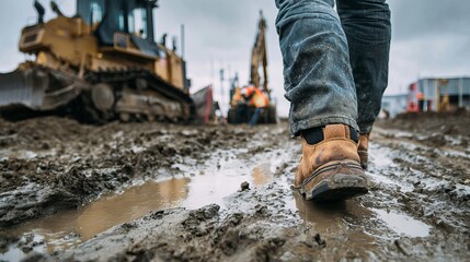 Fototapeta premium Worker Boots Walking on Muddy Construction Site with Heavy Machinery