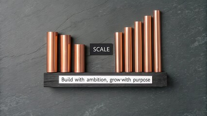 Copper cylinders arranged to visually represent business growth and scale on a wooden shelf with motivational text