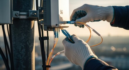 Detailed view of hands connecting fiber optic cables to a 5G microcell antenna unit atop a telecommunications mast.