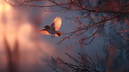 Bird in Flight at Sunrise with Blurred Autumn Tree Branches